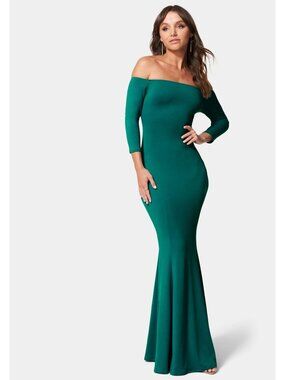 Bebe Mermaid Gown Size Small Off Shoulder Knit Evergreen Elegant Cocktail NEW